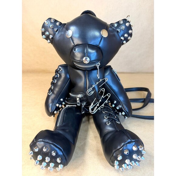 Dolls Kill Tormented Teddy Backpack - Vegan Leather Bag, Spikes and Studs Black